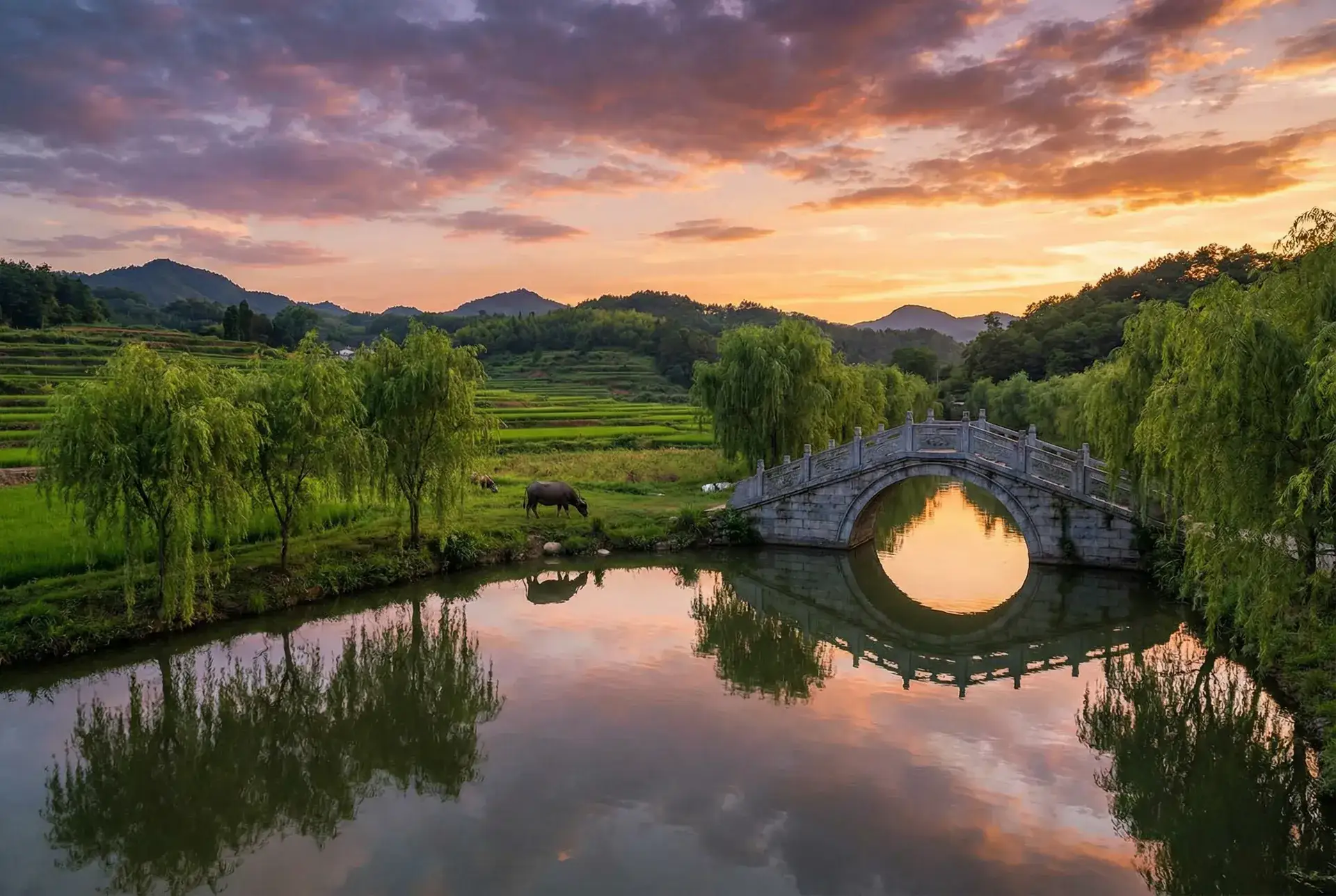 夕阳下的石拱桥与垂柳，水牛在河边吃草 - 闯关东中篇下载 乡村美景
